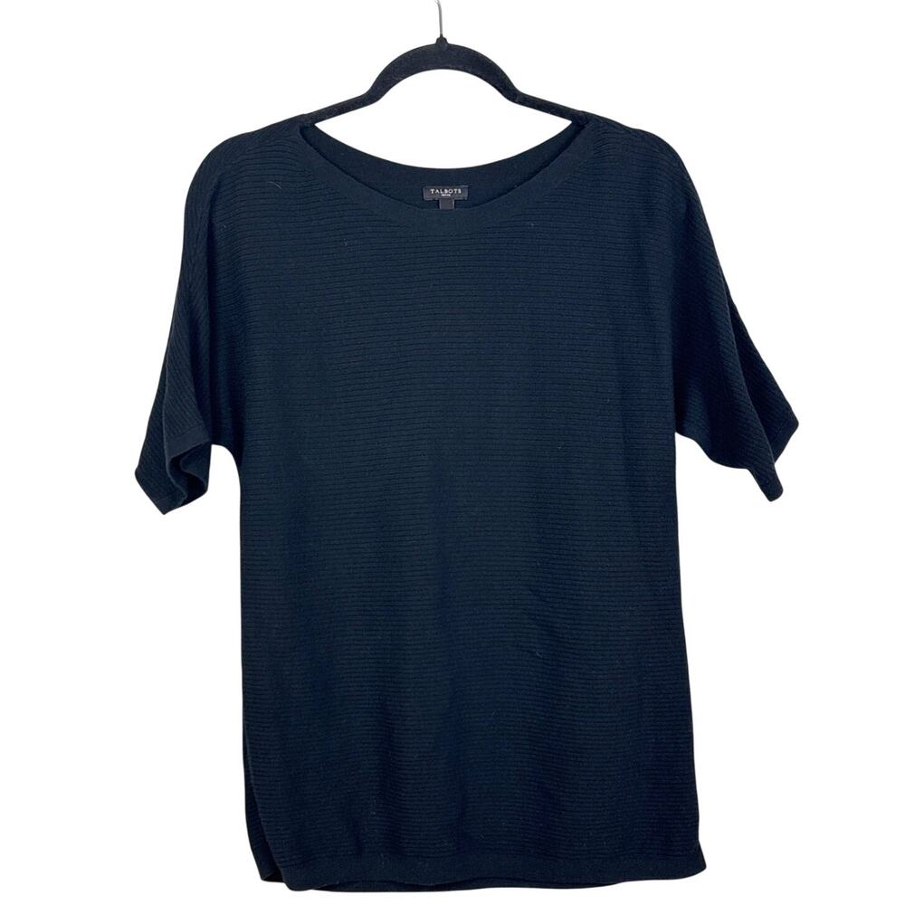 Talbots Petite Womens M Black Ribbed Knit Short Sleeve Soft Casual Sweater Top